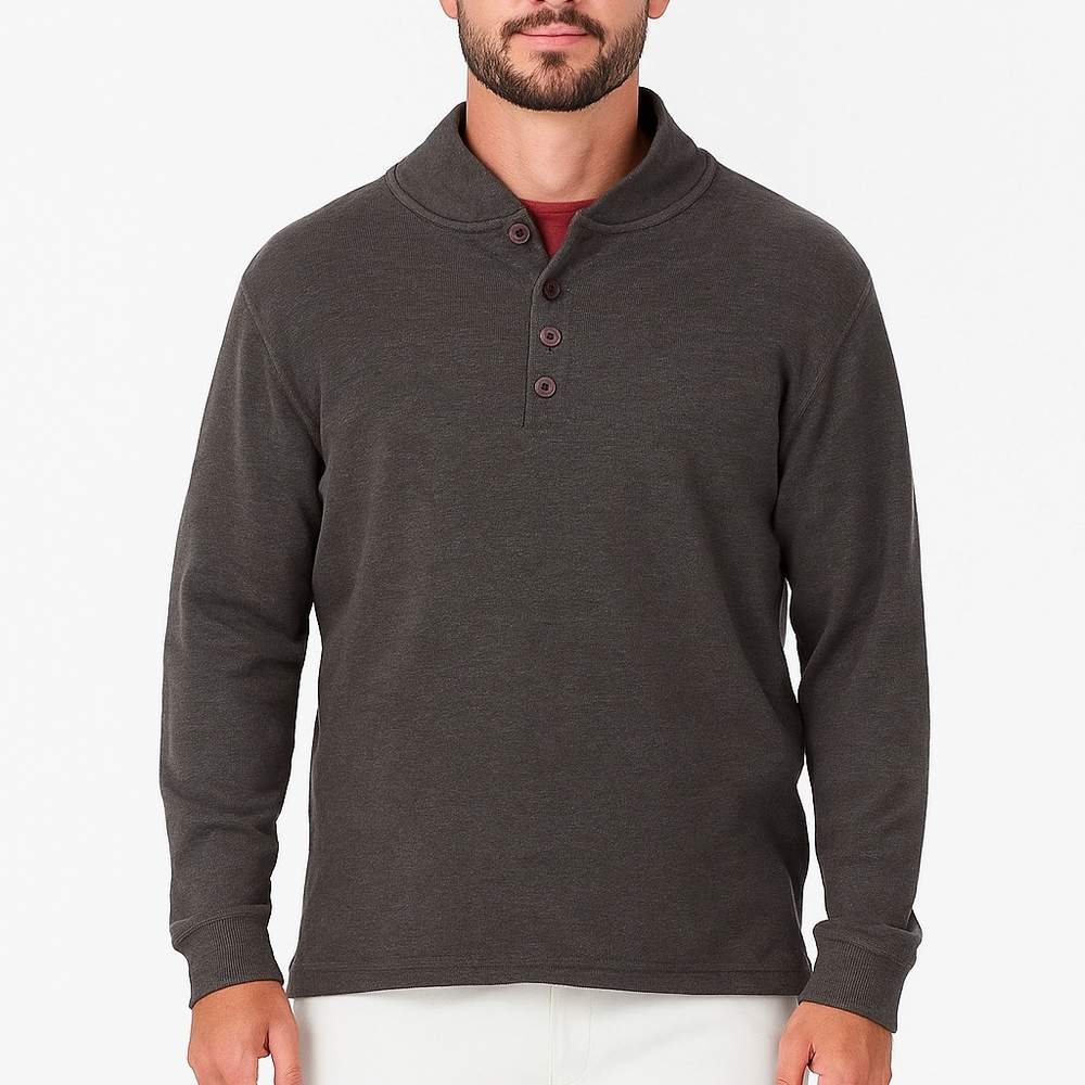 LL Bean Shirt Mens L Pullover Gray Mock Neck Cotton Long Sleeve Thermal Henley